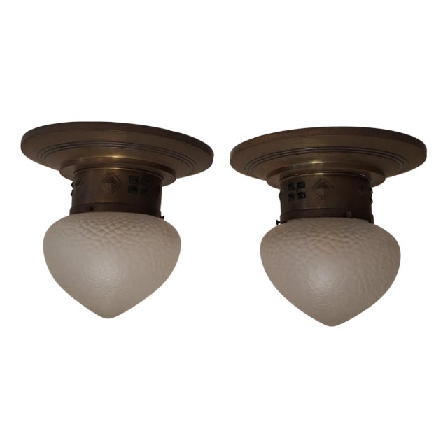 Antique German Art Nouveau Ceiling Lamps with Elaborate Brass Mounting and Original Frosted Relief Glass Shade, 1890s, Set of 2 For Sale