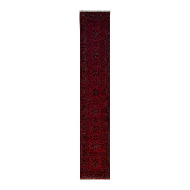 Red and Navy Tribal Geometric Runner Rug, 2'9" X 15'6" For Sale