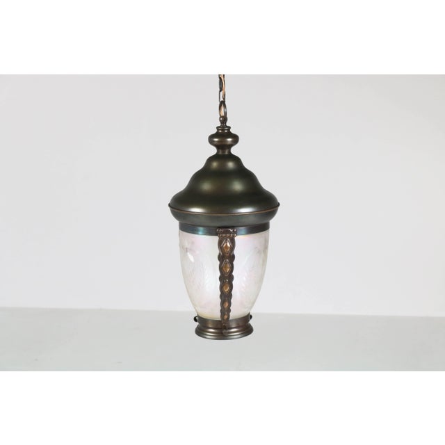Metal Art Nouveau Dutch Brass & Glass Pendant Lamp, 1900s For Sale - Image 7 of 14