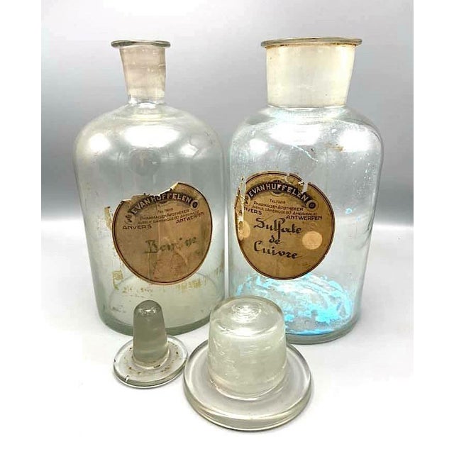 Beautiful set of antique storage jars from Antwerp pharmacy. with labels from the good old days, handwritten in ink:...