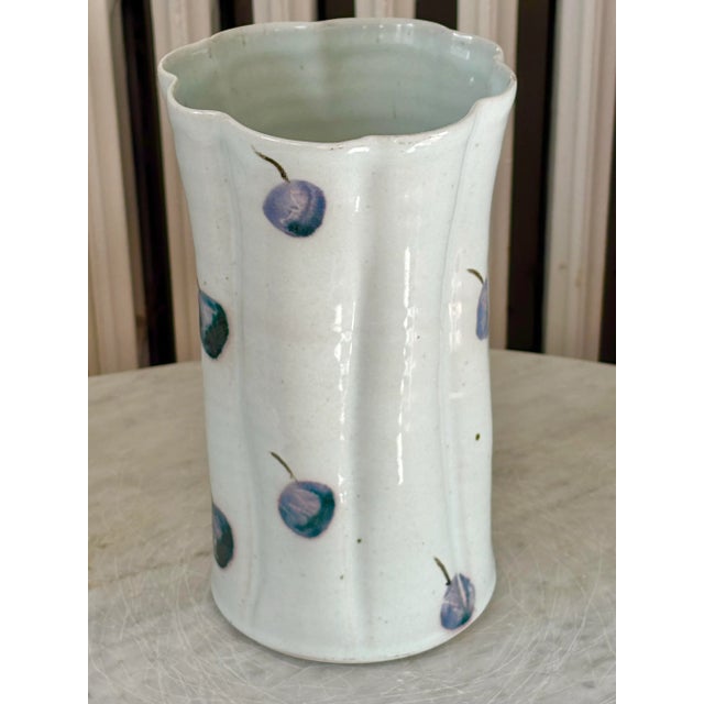 Ceramic 1990s Tall Folk Art Berry Scalloped Pottery Vase, Signed For Sale - Image 7 of 10