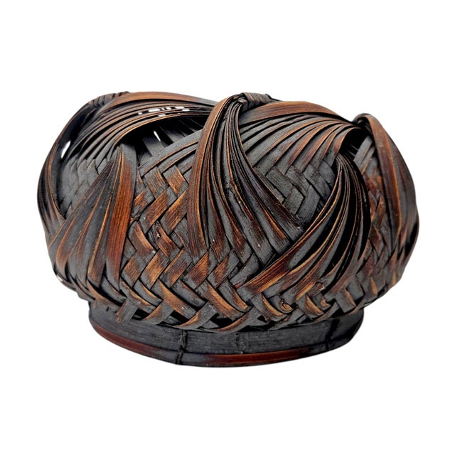 Japanese Showa Period Bamboo Ikebana Basket With Ajiro Weave 8" For Sale - Image 10 of 11