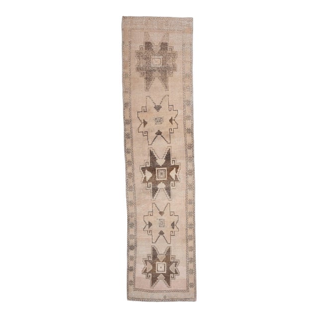 1970s Vintage Turkish Handmade Wool Cotton Beige Runner Rug For Sale