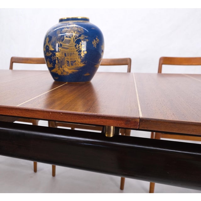 Italian Mid-Century Modern Dining Table 8 Chairs Set New Linen Upholstery Seats For Sale - Image 14 of 18