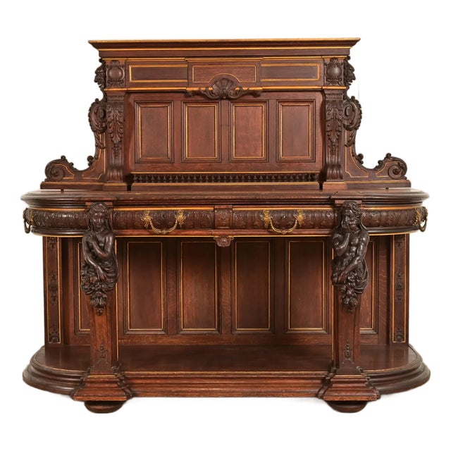R. J. Horner Renaissance Revival Ornate Carved Oak Sideboard or Bar Cabinet, Circa 1880s For Sale