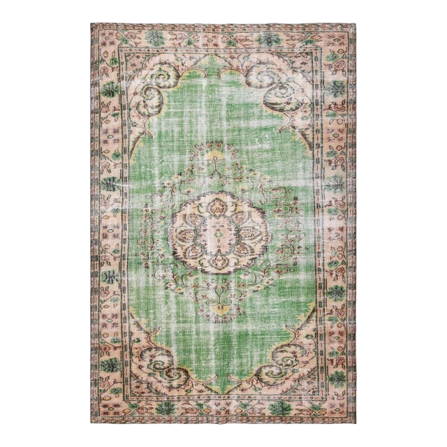 1970s Vintage Turkish Handmade Wool Cotton Green Area Rug For Sale