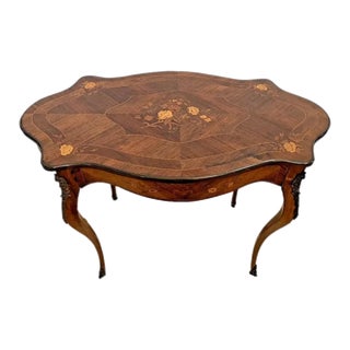 Early 1900s Antique French Desk Vanity Writing Table Rose Flower Themed Inlays Walnut Brass Trim Ormolu For Sale