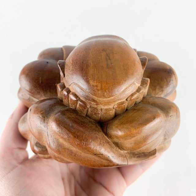 Mid 20th Century Vintage Hand Carved Yogi Man Weeping Buddha Solid Wooden Sculpture Home Altar For Sale - Image 5 of 11