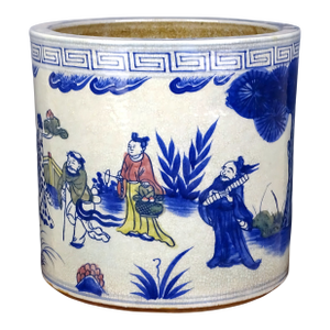 Chinese Vintage Ceramic Pen Holder,Ming Dynasty Jiajing Marked Blue and White Doucai Porcelain Brush Pot Hand Painted Eight Immortals Pattern