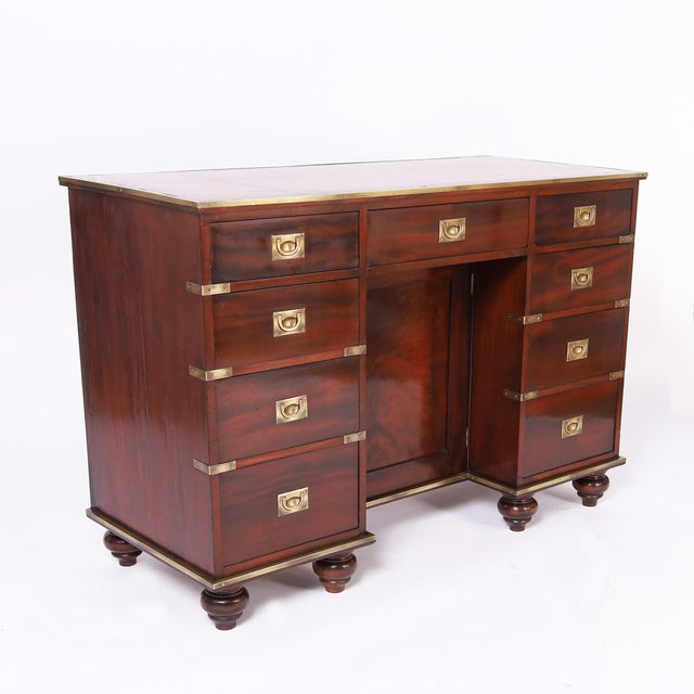 Campaign Antique English Campaign Leather Top Desk For Sale - Image 3 of 10
