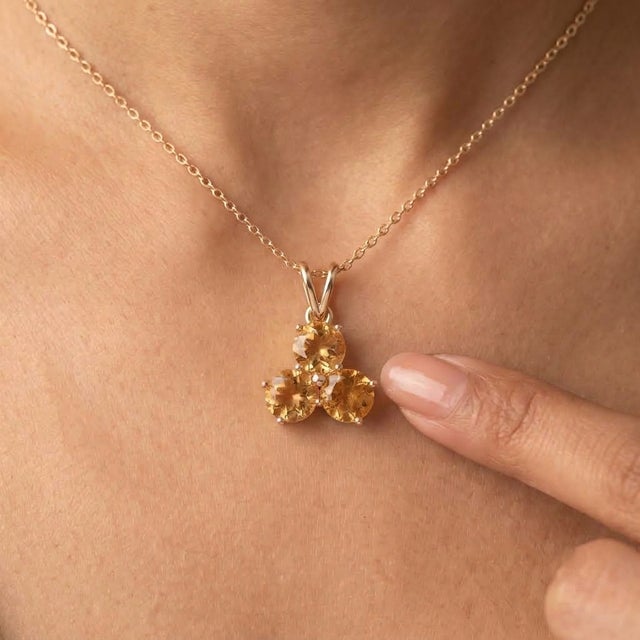 Contemporary Citrine Gemstone Dainty Necklace | Trio Stone Citrine Pendant | November Birthstone Pendant for Woman For Sale - Image 3 of 3
