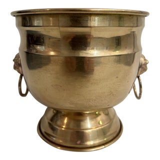 Vintage Solid Brass Urn Planter With Lions Head Handles For Sale