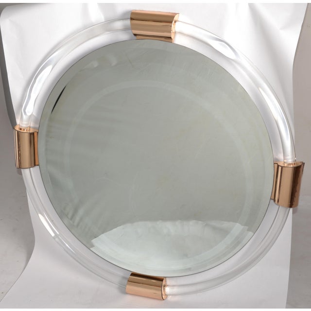 Wood 1980s Karl Springer Style Round Lucite Brass Beveled Wall Mirror Mid-Century Modern For Sale - Image 7 of 18