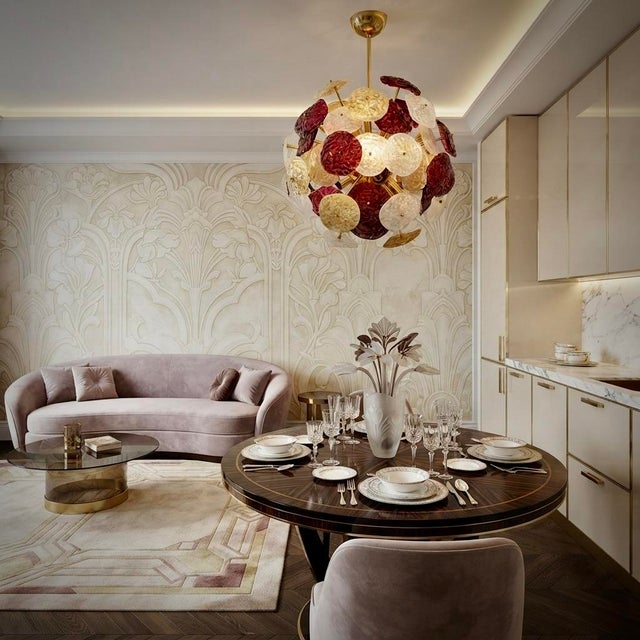 Large violet and cream-colored glass discs compose this 2000 Murano chandelier. A classic mid-century Sputnik. Refinement...