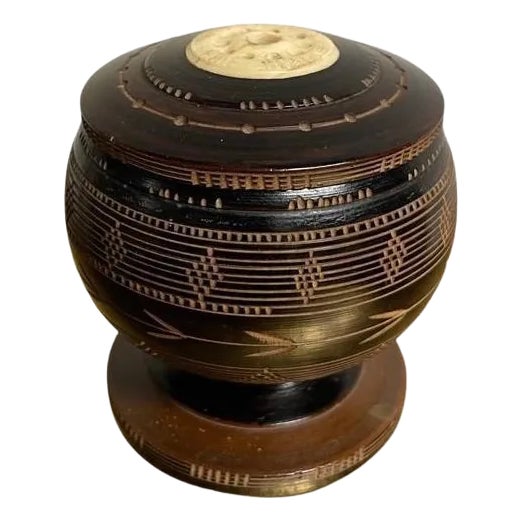 Whaler Made Bone and Ebonized Wood Round Lidded Box, circa 1850 For Sale