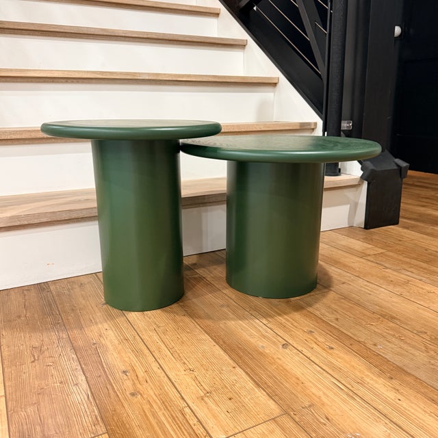 Pair Monologue London Nesting Side Tables A fun pair of green lacquered wood side tables with round tops and a chunky drum...