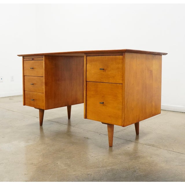 Wood Vintage Attributed Paul McCobb MCM Double Pedestal Desk For Sale - Image 7 of 16