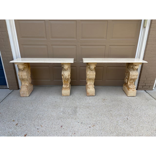 English Late 20th Century Pair of Neoclassical Travertine Consoles With Winged Figural Bases For Sale - Image 3 of 14