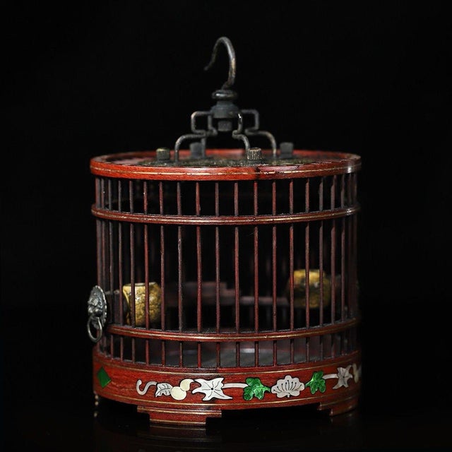 Wood Vintage Chinese Hardwood Inlaid Cricket Cage With Bronze Hook and Feeder For Sale - Image 7 of 9