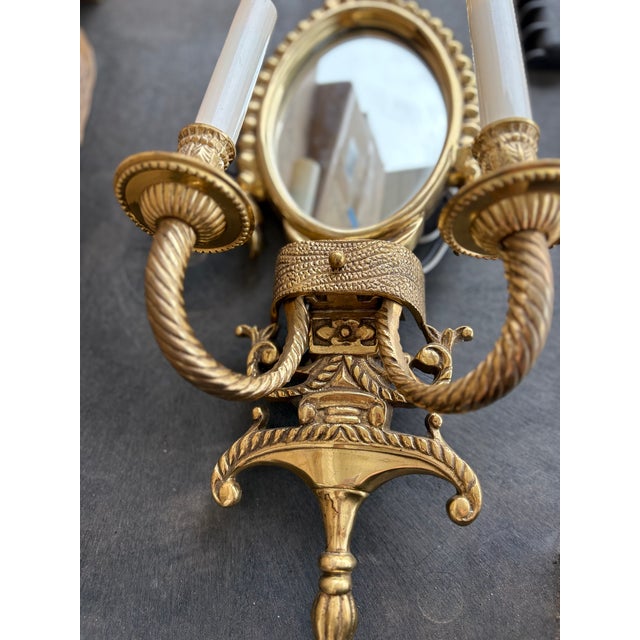 Late 19th Century Ornate Brass Two Candelabra Wall Sconce With Mirror - a Pair For Sale - Image 4 of 8