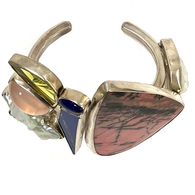 Vintage Statement Brutalist Cuff - Sterling Silver - Semi-Precious Gems - Studio Greytak Montana For Sale - Image 4 of 14