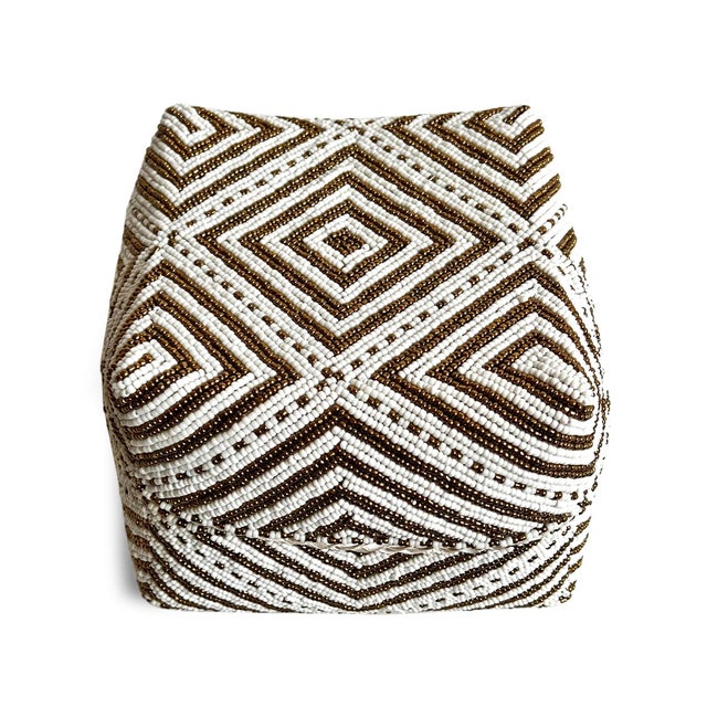 Beautiful vintage hand beaded accessory box made from woven bamboo and intricately covered with geometric triangle...