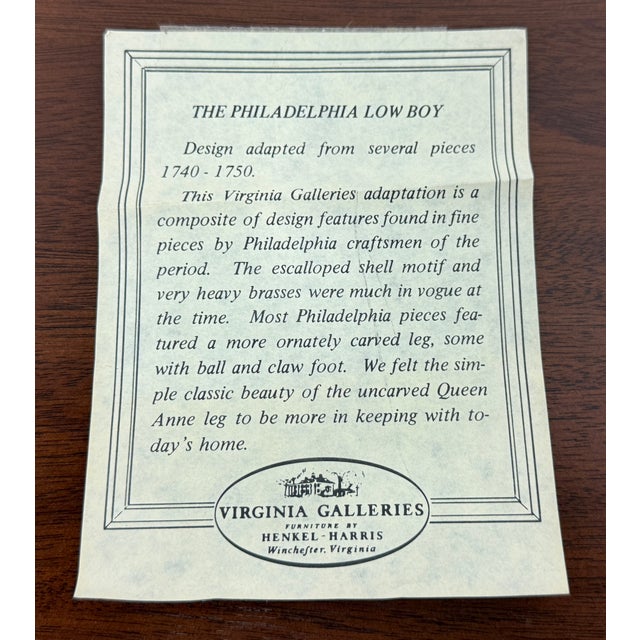 Late 20th Century Henkel Harris Solid Mahogany Philadelphia Queen Anne Lowboy Chest For Sale - Image 16 of 17