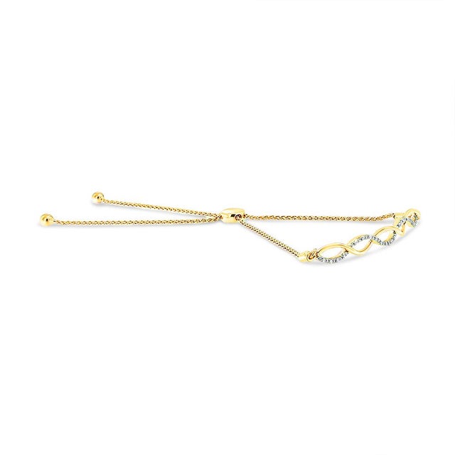 Contemporary 14K Yellow Gold Plated .925 Sterling Silver 1/10 cttw Diamond Infinity Twist 4”-10” Adjustable Bolo Bracelet (I-J Color, I2-I3 Clarity) For Sale - Image 3 of 5