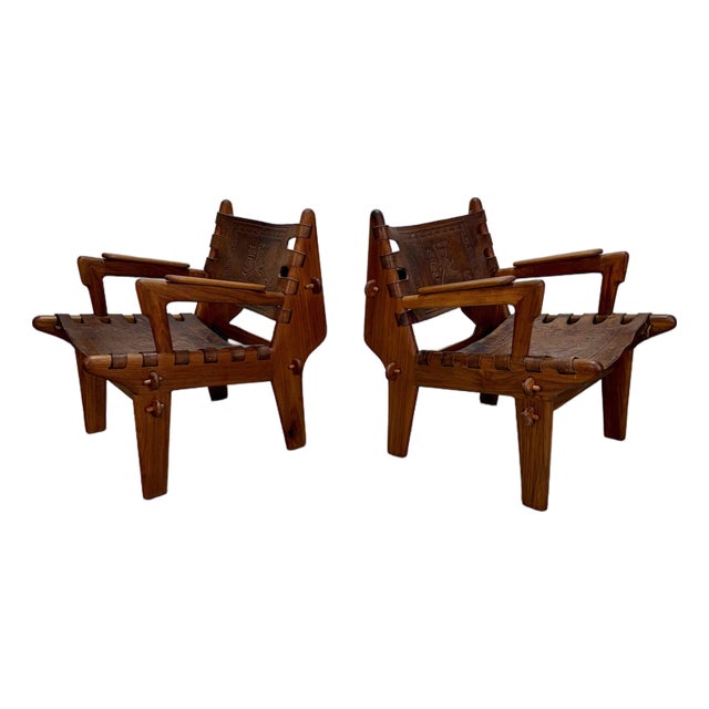 1960s Set of 2 Mid Century Angel Pazmino Hand Tooled Leather Sling Safari Chairs For Sale