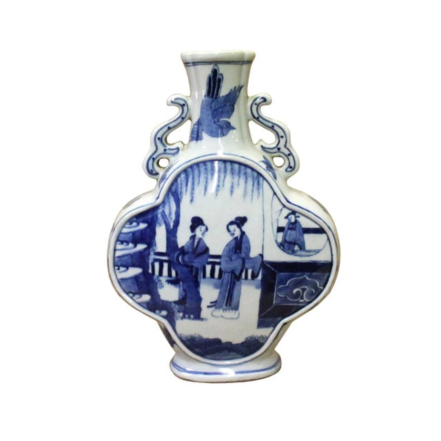 Blue Chinese Blue White Porcelain People Theme Flower Shape Vase For Sale - Image 8 of 8