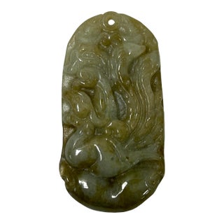 Chinese Green Gray Stone Carved Phoenix Pendant Display Art For Sale