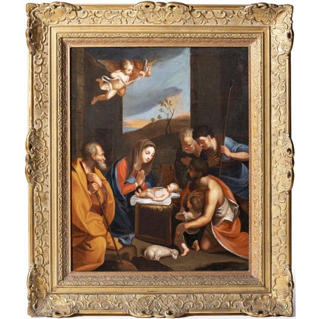HOLY FAMILY European school of the 18th century. Oil on canvas, Relined. Dimensions: 74 x 60 cm with frame: 84cm x 70cm...