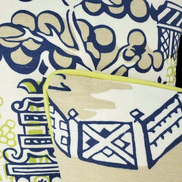 Chinoiserie Thibaut Luzon in Navy on Beige With Lime Welt Lumbar Pillow Cover For Sale - Image 3 of 7