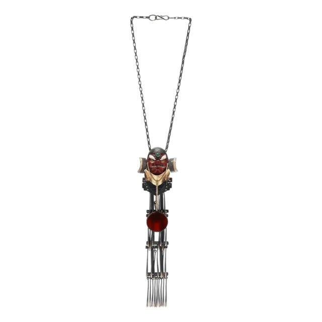 Bespoken Silver and Gold Necklace with Japanese Tengu Mask by Mary Ann Scherr For Sale