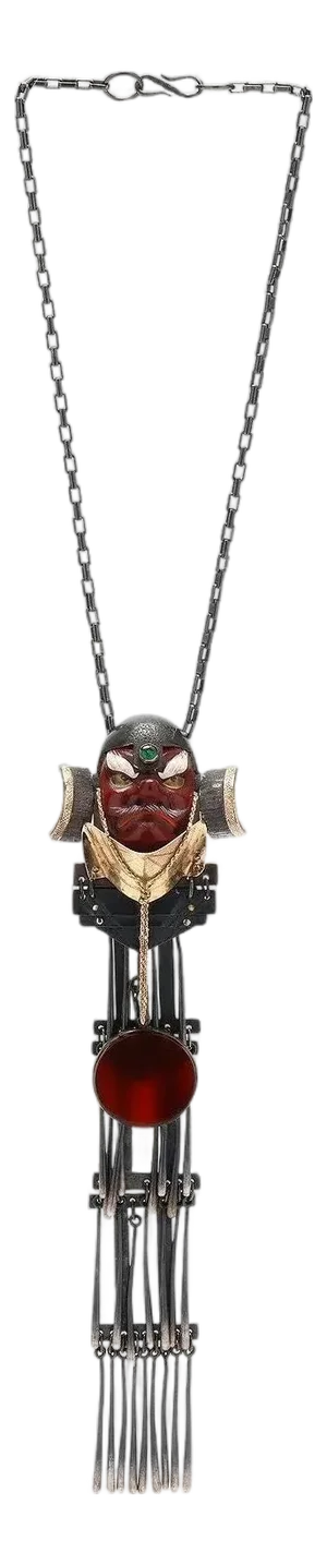 Bespoken Silver and Gold Necklace with Japanese Tengu Mask by Mary Ann Scherr