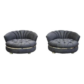 Late 20th Century Mid Century Modern Milo Baughman Style Round Black Club Lounge Chair - A Pair For Sale