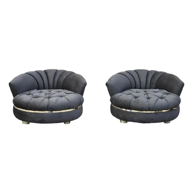 Late 20th Century Mid Century Modern Milo Baughman Style Round Black Club Lounge Chair - A Pair For Sale