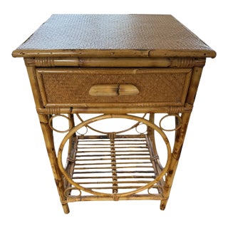 Tortoise Rattan Bamboo Side Table/Nightstand With Drawer For Sale