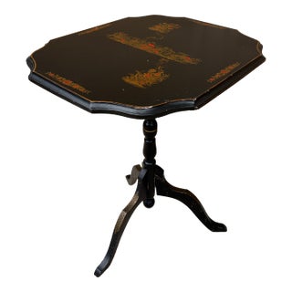 1940s Regency Chinoiserie Black Painted Walnut Side Table With Hand-Painted Scenes For Sale
