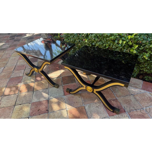 Pair of Hollywood Regency Black Lacquer & Gilt Side Tables by Heritage Furniture, Circa 1980s For Sale - Image 10 of 15
