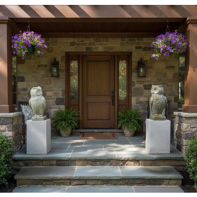 A Pair of a Vintage Cast Stone Garden Owl Statues For Sale In West Palm - Image 6 of 7