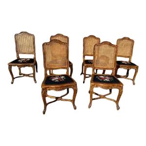 Mid 20th Century Vintage Set of 6 Louis XV Style Fruitwood Cane Back Dining Chairs
