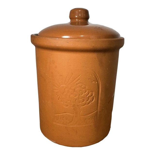 Vintage Portuguese Terracotta Pottery Jar W/ Lid | Rustic Portugal Clay Canister For Sale
