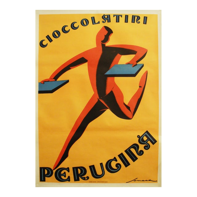 1928 Italian Food Art Deco Poster, Cioccolatini Perugina by Federico Seneca (1980's Re-Issue) - Yellow For Sale