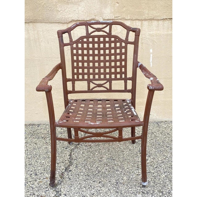 Hollywood Regency Late 20th Century Cast Aluminum Basket Weave Lattice Rattan Patio Outdoor Arm Chairs - Set of 4 For Sale - Image 3 of 10