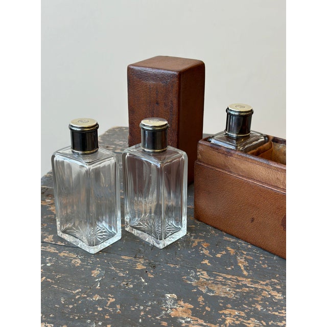 Art Deco Vintage French Monogrammed Cut Glass + Silver Perfume / Liquor Bottle Travel Set in Leather Case, Circa 1920s For Sale - Image 3 of 12