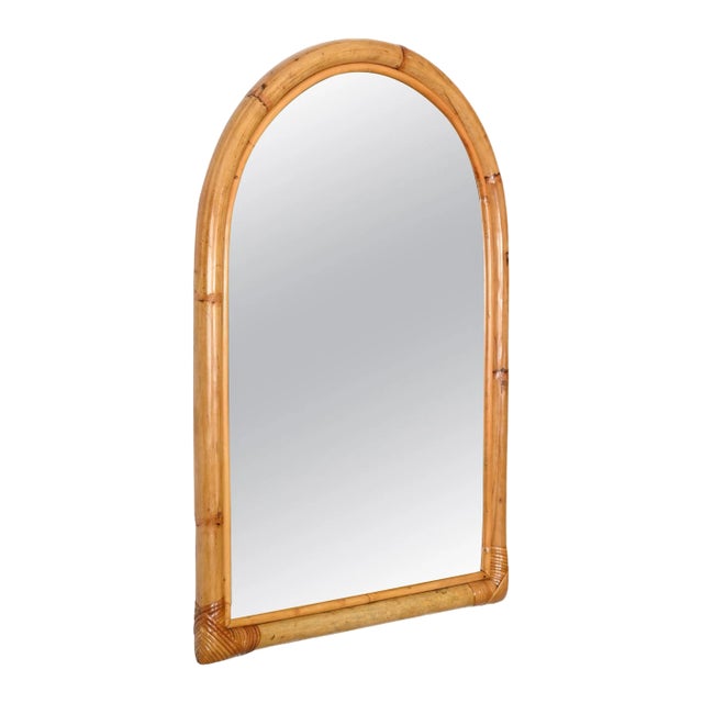 Mid-Century Arch Mirror with Double Bamboo Frame and Rattan Wicker, Italy, 1970s For Sale