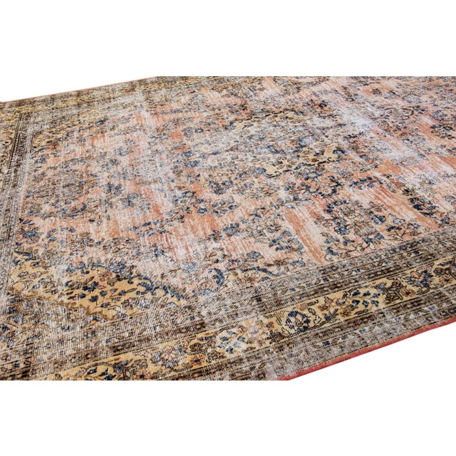 Peach Vintage Persian Handmade Geometric Wool Rug For Sale In New York - Image 6 of 7