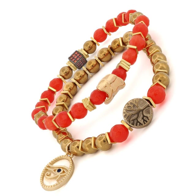 Contemporary Carnelian Stone Beaded Ra & Elephant Charm Bracelet Set For Sale - Image 3 of 9