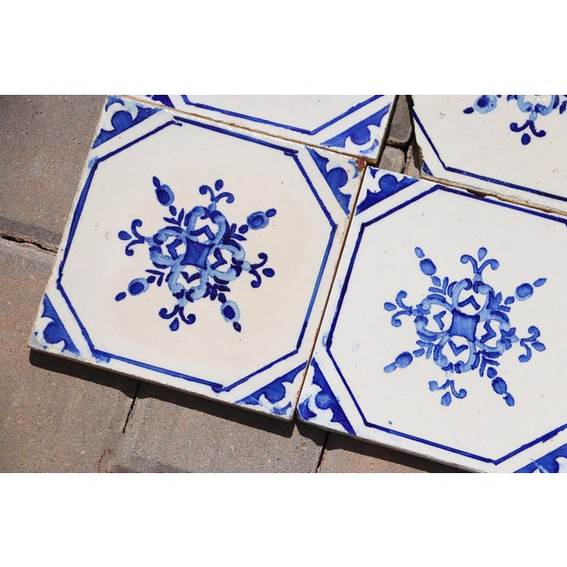 Antique 1920s Portuguese Ceramic Tiles With Stylized Art Deco Rosette Motif Set of 14 For Sale - Image 10 of 18